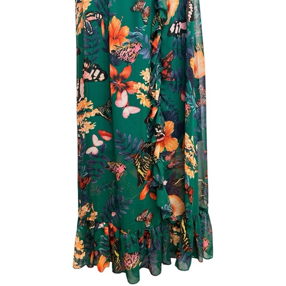 Green Floral Butterflies Mock Neck Sheer Short Sleeve Ruffle Maxi Dress Small - Picture 4 of 10